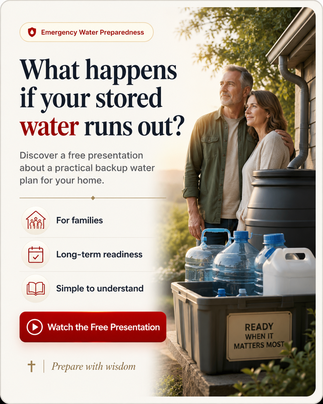 Mature couple beside a household emergency water preparedness setup